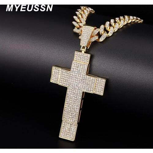 2021New Iced Out Cross Pendant Necklace Men Egyptian Full Drill Cross Pendant Silver Color Cuban Link Chain Women Jewellery Gift