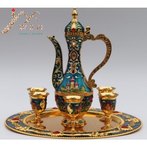 IMUWEN Golden and Blue Color Metal Wine Set Luxury Tea Set Fashion Zinc Alloy Wine Set 1 Set= 1 Plate+ 1 Pot +6 Cups