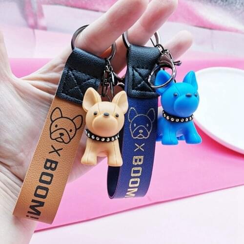 Fashion French Punk Bulldog Keychain PU Leather Dog Keychains For Women Bag Charm Trinket Men Car Key Ring Key Chain Jewelry
