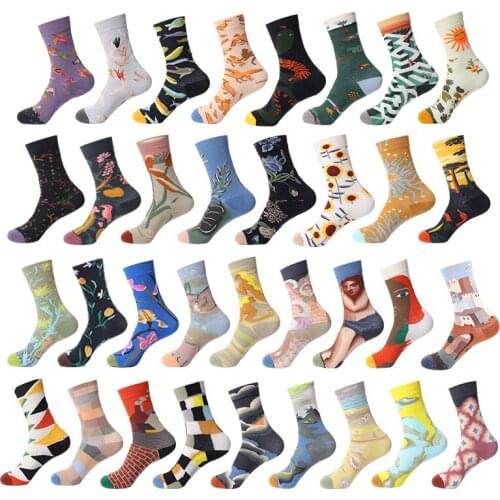 Man Socks Funny Trend Cartoon Oil Painting Middle Tube Harajuku Unisex Literature and Art Autumn and Winter Cotton Women Socks