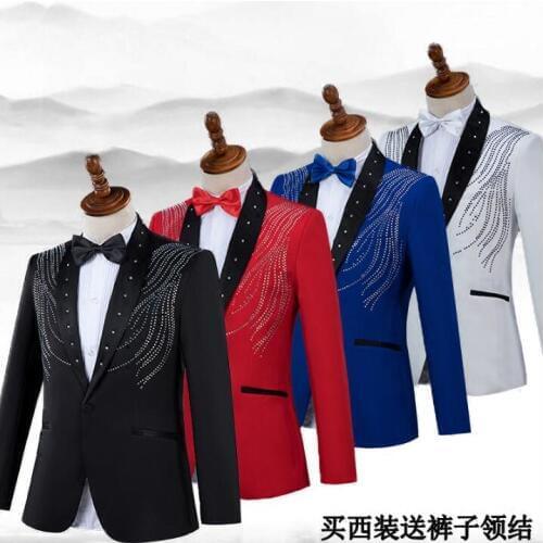 Singer star style stage red hot drilling clothing for men groom suit set with pants 2020 blazers mens wedding suits costume tie