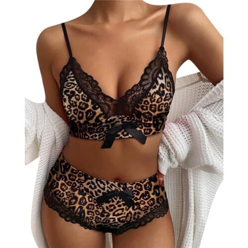 Sexy Lace Bra Straps Pajamas Women Two Piece Leopard Print Elegant V-Neck Sleeveless Tops And Thong Suits Bowknot Sleepwears