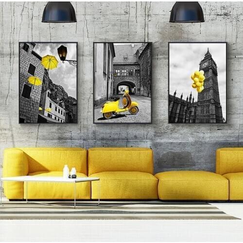 Canvas poster for landscape, wall art, black and white, yellow bus, car, Nordic style paintings, building image for bedroom
