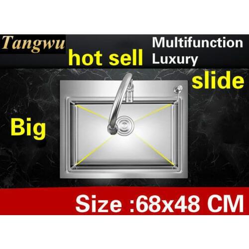 Free shipping Apartment kitchen manual sink single trough multifunction sliding board 304 stainless steel big hot sell 68x48 CM