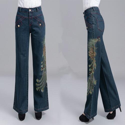 Free Shipping 2019 New Fashion Autumn And Winter Thick Plus Size 26-34 Loose Wide Leg Pants Straight Jeans Trousers Embroidery