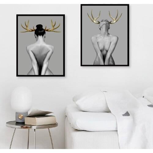 Nordic Antlers girls Figures wall art Canvas Painting Prints Posters Black White Nude art Pictures for Living Room Modern Decor