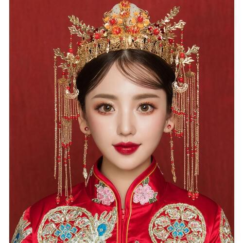 Traditional Chinese Wedding Bride Gold Queen Crown Red Pearls Headpieces Vintage Wedding Tiara Headdress Bridal Hair Accessories