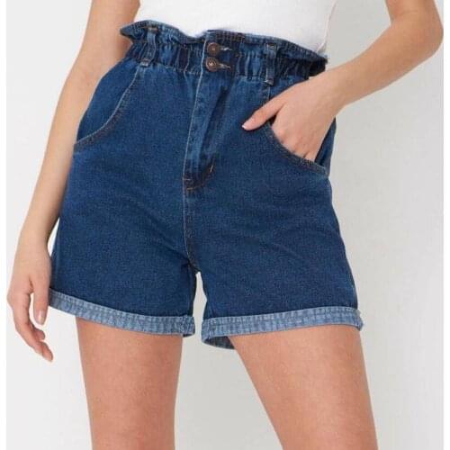 2021 Summer High Waist Denim Shorts Women Casual Loose Ladies Fashion Roll Up Hem Elastic Pocket Blue White Jeans Female