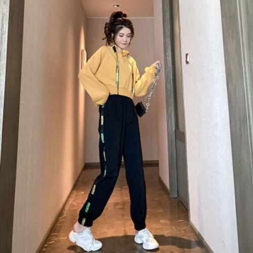 The New Autumn Women Sports 2 Piece Sets Short Hooded Pullover Shirt Elastic Letter Printed Trousers Women Harem Pants Tracksuit