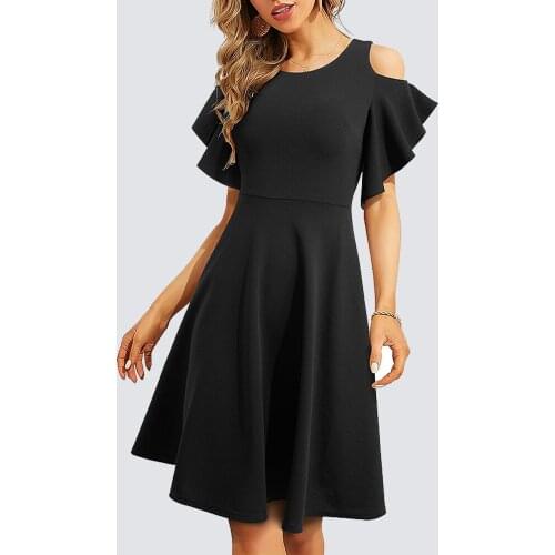 Women Elegant Charming Pure Color Cold Shoulder Round Neck Ruffle Sleeve Fit and Flare A-Line Dress HA271