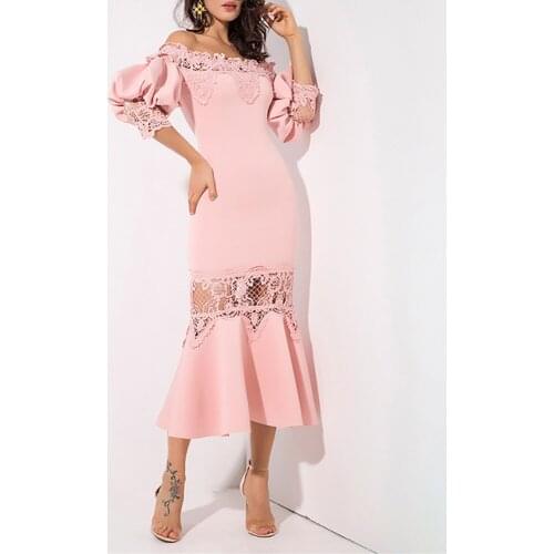 Women Pink Elegant Mermaid Office Lady Dress Ruffles Lace Patchwork Sexy Off Shoulder Lantern Sleeve Christmas Celebrate Vestido
