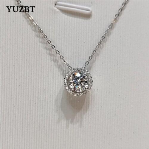 YUZBT Women 925 Silver 1 ct Round Brilliant Cut Gemstone Chain Diamond Test Past D Color Moissanite Wedding Pendant Necklace