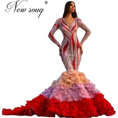 Sexy Mermaid Feathers Prom Dresses Abendkleider 2020 Islamic Kaftans V Neck Women Evening Gowns Dubai Arabic Formal Party Dress