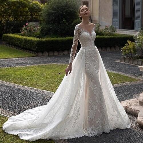 Elegant Illusion Scoop Mermaid Wedding Dresses Detachable A-Line Skirt Lace Appliques Bridal Gowns 2021 Vestidos De Noivas