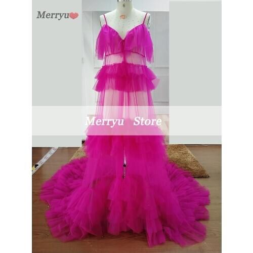 Ruffles Rose Red Formal Evening DressesV Neck Short Sleeves Sexy Photography Long Women Empire Tulle Prom New Dress Party