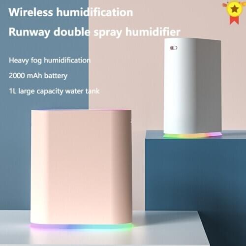 1.0L Large Capacity Air Humidifier Dual Spray 2000mAh USB Rechargeable Wireless Ultrasonic Aroma Diffuser Color Light Fogger