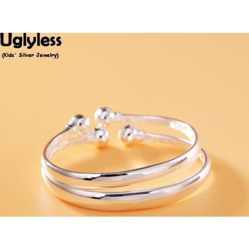 Uglyless 1Pair Kids Glossy Balls Open Bangles High-end Pure Silver 99.9% Gifts Jewelry for Childrens Adjustable Bracelets Bijoux