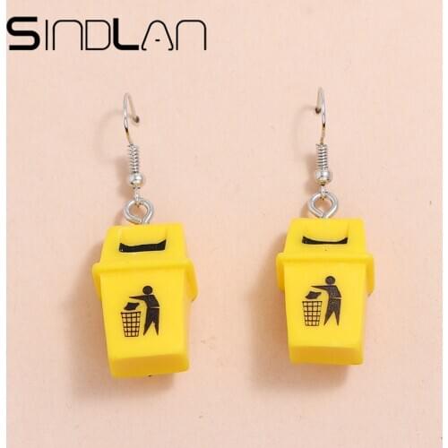 Sindlan 1 Pair Funny Yellow Trash-Can Drop Earrings For Women Personality Tools Trashcan Young Girls Female Fashion Ears Jewelry