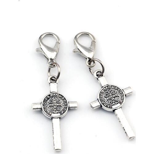 10pcs Saint Benedict Medal Cross Crucifix Floating Lobster Clasps Charm Beads Fit Charm Bracelet DIY Jewelry 13x37.2mm A-569b