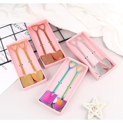 2Pcs/Set Coffee Spoon Stainless Steel Dessert Spoon Ice Cream Spoon Tip Flat Shovel New Year Gifts