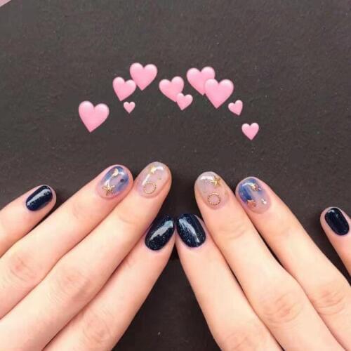 24pcs Black Short Round Fake Nails Bronzing Seashell Starfish Marine Style Press On Nails Design Korean Hawaii Summer Manicure