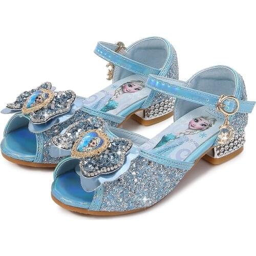 Disney Children Shoes Frozen Summer Fashion New Girl Crystal Bow Soft Bottom Ice and Snow Princess High Heel Sandals for kids