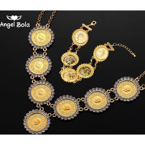 Gold Color Money Coin Bracelet Islamic Muslim Arab Coins Necklace for Women Men Middle Eastern Allah Jewelry Set African Gifts