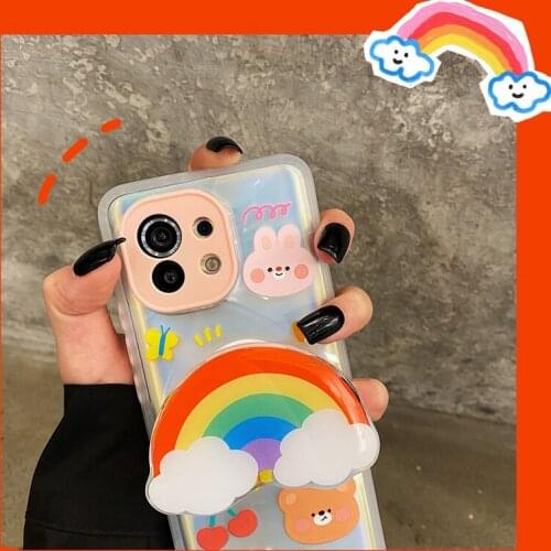 Bear Rainbow Bracket Case for Xiaomi Mi11 Cute Cover Girlfriend Gift for Xioami11 Ultra Transparent soft shell For Xiaomi11 Pro