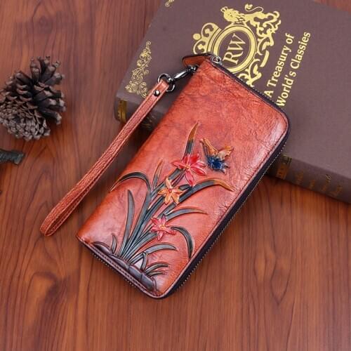 Women Lady Genuine Leather Wallet Long Clutch Handy Bag Printing Butterfly flower Female Card Retro Money Clips Purse