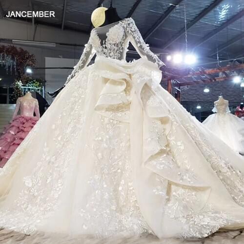 HTL1926 Champagne Sequined Wedding Dress 2020 Lace Long Sleeve Sexy Deep V-Neck Ball Gowns Appliques Crystal