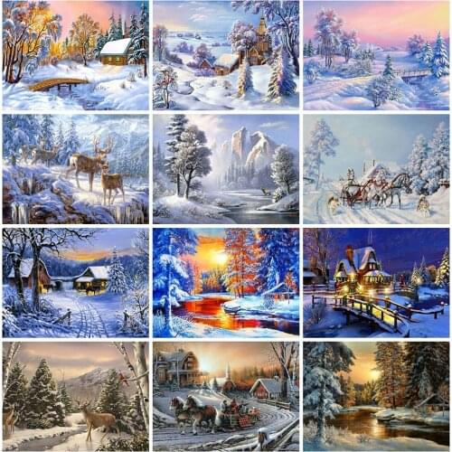 Huacan Full Square Diamond Painting Snow Scene Diamond Mosaic Landscape Picture Rhinestone Painting Home Decor