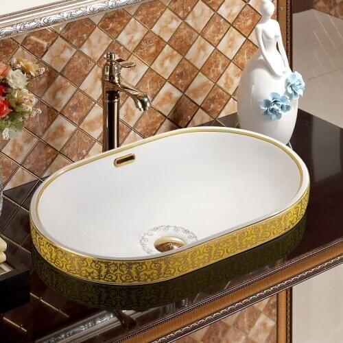 Artistic oval Ceramic wash basin Bathroom Sink ceramic Wash Basin Porcelain Oval Ceramic Semi-Counter Bathroom sink