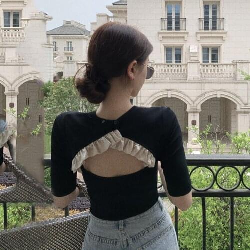 Summer Knitting Women T-shirt Backless Hollow Out Creative Design Halt Sleeve Skinny Tops 2021 New Fashion Clothing Wholesale