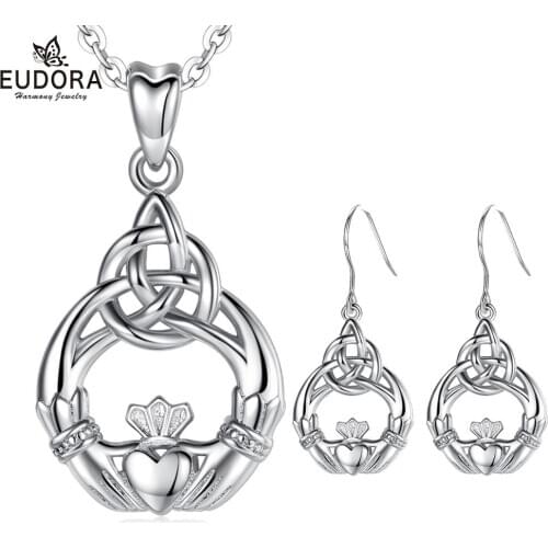 EUDORA 925 Sterling Silver Good Luck Irish Claddagh Celtic Knot Love Pendant Necklace Earrings Jewelry Sets for Women Party Gift