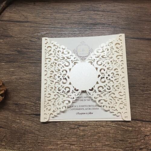 Newest laser cutting lace invitation card engraved ivory printing invitations sample with insert paper and envelop