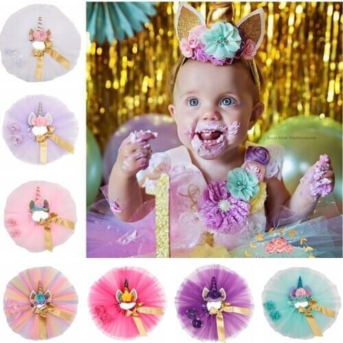 Nishine New Cute Tutu Dress with Unicorn Horn Headband Barefoot Sandels Set for 0~3 Years Newborn Kids Birthday Gift Photo Shoot