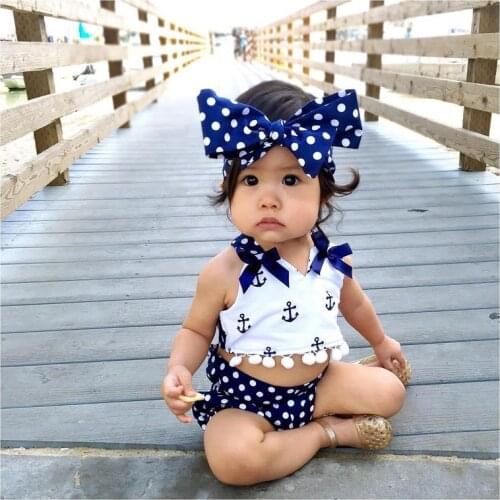 Toddler Infant Baby Girls Clothes Anchors Tops Shirt Polka Dot Briefs Head Band 3pcs Outfits Set for 0-24Months