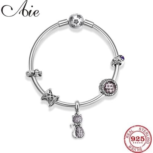 Original 925 Sterling Silver Girl pink CZ Cat Pendant bead Finished Bracelets&bangle