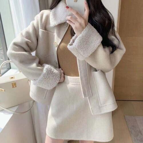 HStar 2020 Autumn Women Woolen Suit Office Lady Fashion Solid Double Breasted Blazer Female Elegant Two Piece Set
