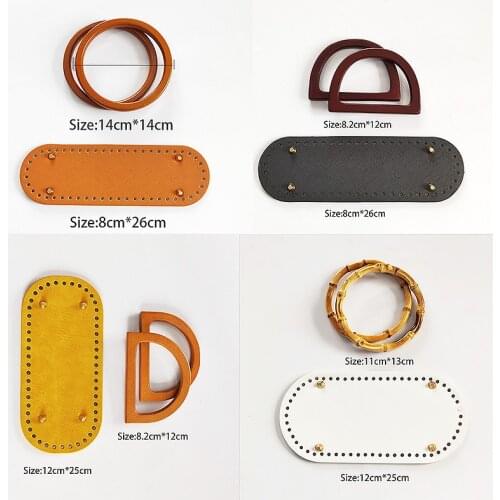 Handles for Handbag Quality PU Leather Crochet Woven Womens Bag Replacement DIY Homemade Wooden Accessories Tote bottom set