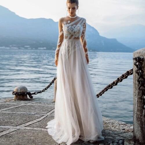 Long Sleeve Lace Wedding Dresses 2021 A-Line High Neck Appliques Boho Beach Button Back Sweep Train Tulle Bridal Gown Civil