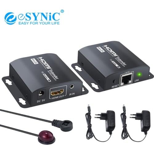 Esynic HDMI Extender 60m HDMI Repeater with IR Remote 4K Support 3D 1080P HDMI Repeater with IR Remote Control Over RJ45 Cat6/7