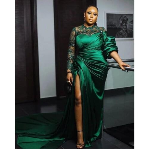 Hunter Green High Side Split Sexy Formal Dresses Evening Wear Ruched Lace Long Sleeve Prom Gowns Plus Size Vestidos De Festa
