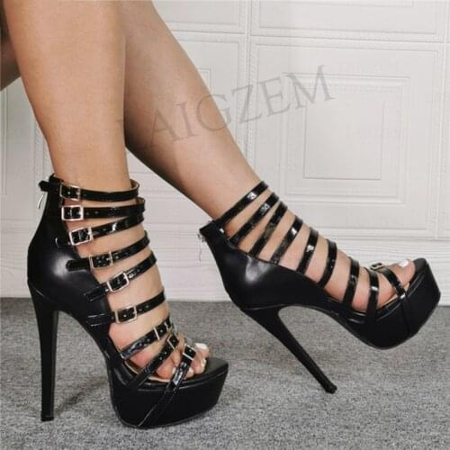 BERZIMER Women Platform Sandals Buckle Straps Back Zip High Heels Sandals Ladies Zapatos Pumps Shoes Woman Big Size 43 44 46 52