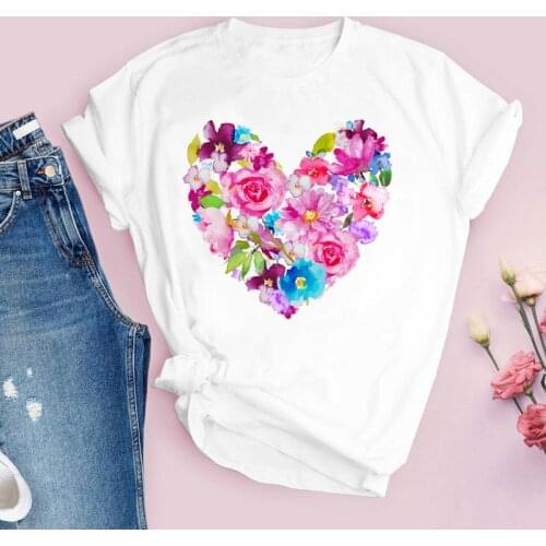 Heart Flower Printed Ladies T-shirts Loose Casual Basis O-collar White T Shirt Short Sleeve Female T-shirt Graphic Printing