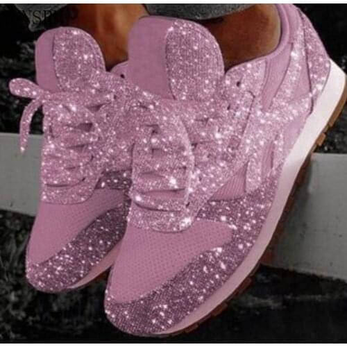 2021 new sequined large size casual breathable mesh lace round toe low heel lightweight sneakers womens shoes