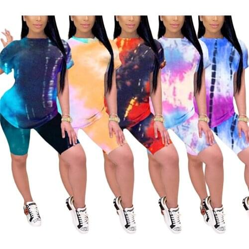 Women Stretch Top Shorts Outfit Workout Clothes Tracksuit Outfits Female Rainbow Tie-dyeing Print Sports Suit
