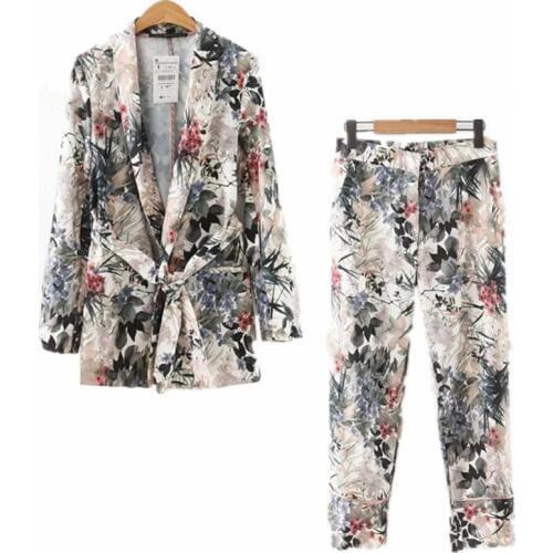 Elegant Womens suits 2021 Autumn Women Long Sleeve Wiped Kimono Blazer Belt Print Coat+Casual Pants Suit Vintage Two Piece Sets