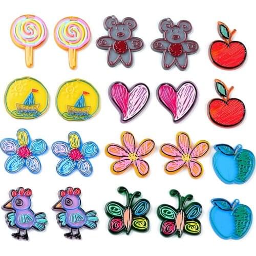 6PCS/lot Cartoon Child Lollipop Bear Flower Chick Apple Love Heart Hand Made Earrings Connectors DIY Pendant Components Charms