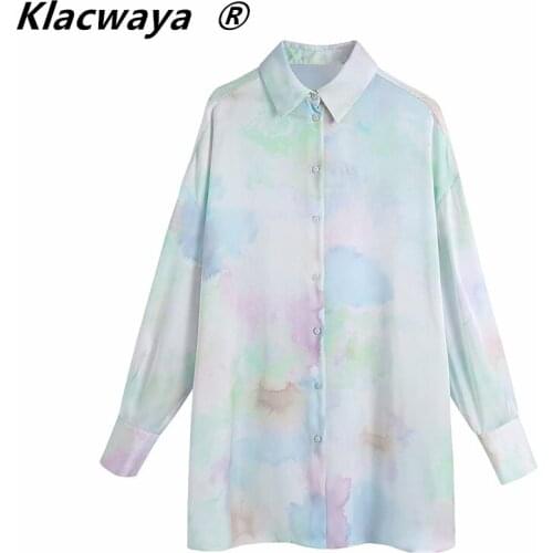 Klacwaya Women 2021 Fashion Tie-dye Print Loose Cozy Blouses Vintage Long Sleeve Button-up Female Shirts Blusas Chic Tops